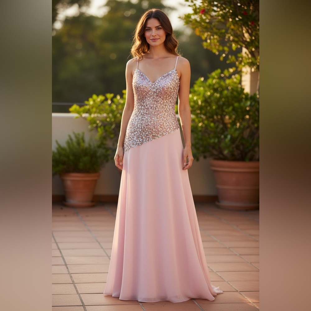 🌸 Karishma Pink Beaded Chiffon Formal Gown – Size 12 – NWT 🌸